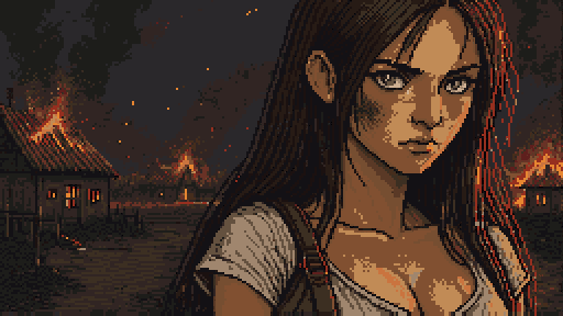 Sparrow, a young peasant woman, soot on her cheek, firelight from her burning village in her eyes